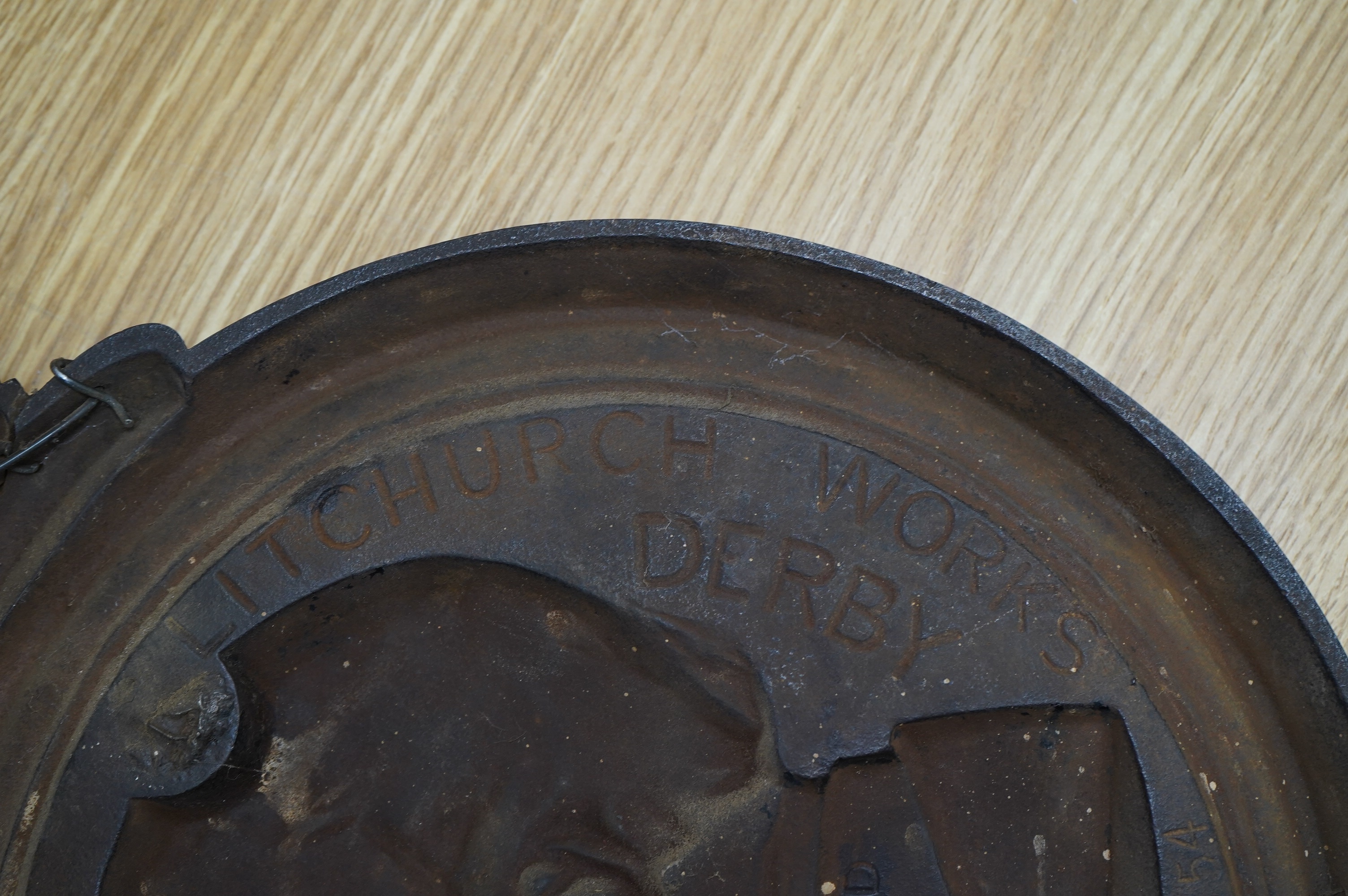 A cast iron profile of the Duke of Wellington, inscribed verso 'Moulded by Jobson's Patent Process, Litchurch, Derby, Registered No. 3, 13th November 1854'. Condition - good